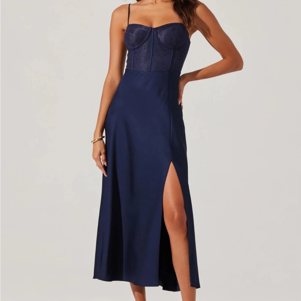Astr Navy Bustier Midi Dress with Side Slit